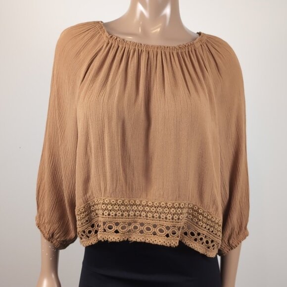 3/$20 Ardene Boho Peasant Top Off Shoulder Long Sleeve Tan Crochet Trim Blouse - Picture 4 of 12